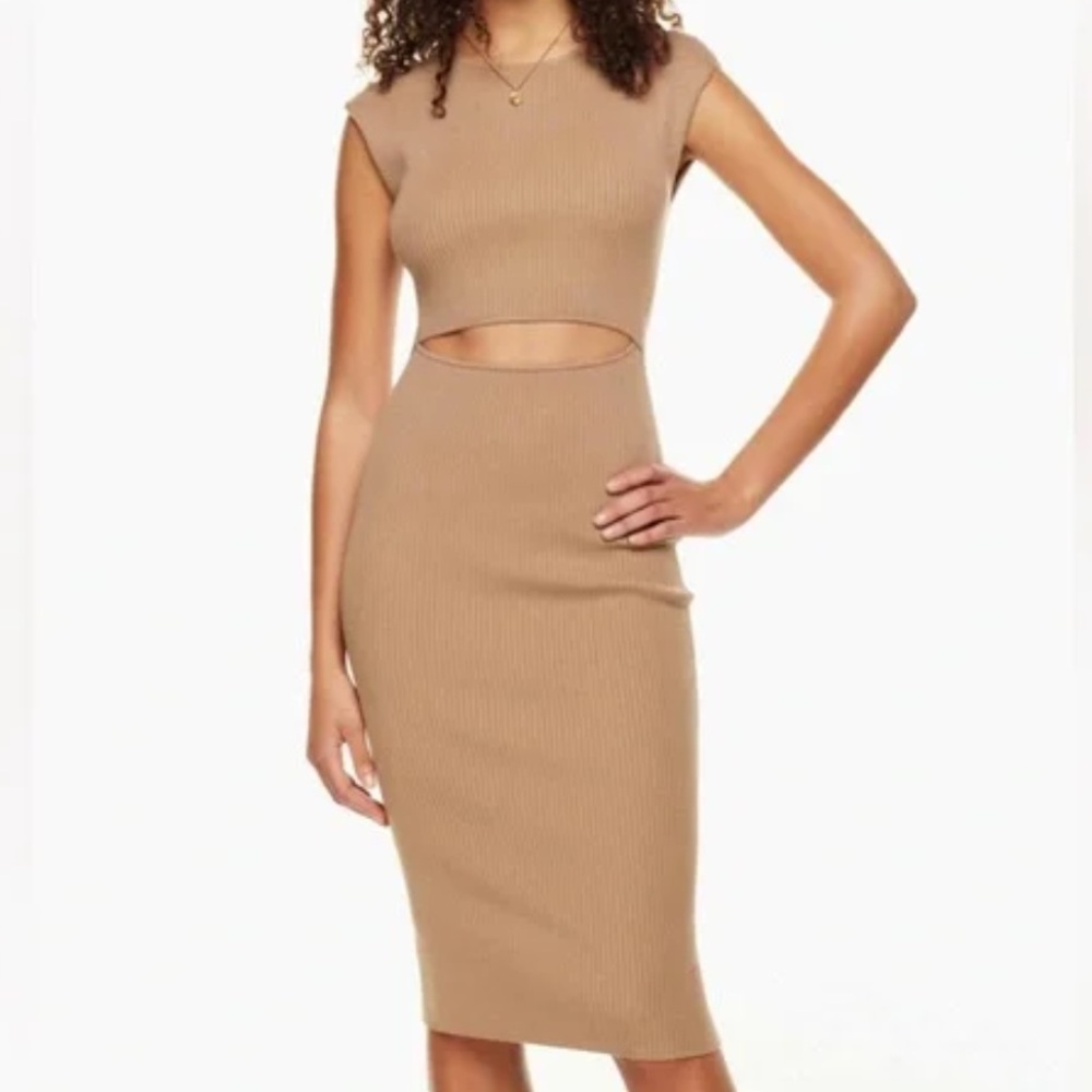 Aritzia Wilfred Free Tan Ribbed Cutout Mini Knit Dress